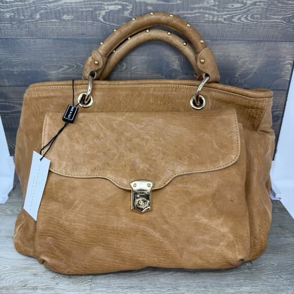 Aleanto Collezioni Italy Camel Leather Satchel Purse Handbag Studded Handle Read - Picture 2 of 15